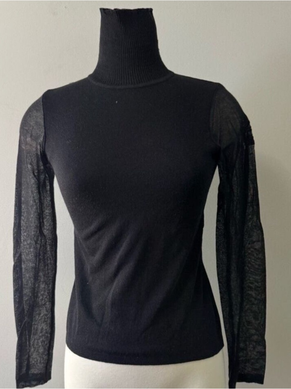 Vintage Versace Black Turtleneck with Sheer Sleeves Merino Wool Sweater SZ XS